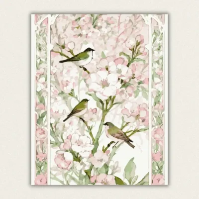 Pink blossom birds vintage floral paint by numbers kit for adults, proudly made in USA with fast shipping.
