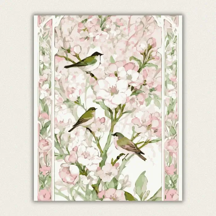 Pink blossom birds vintage floral paint by numbers kit for adults, proudly made in USA with fast shipping.