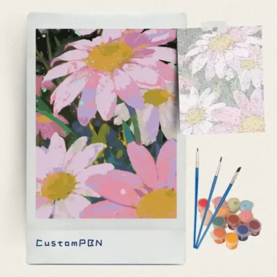 Pink and cream daisies paint by numbers kit with brushes, paints and canvas