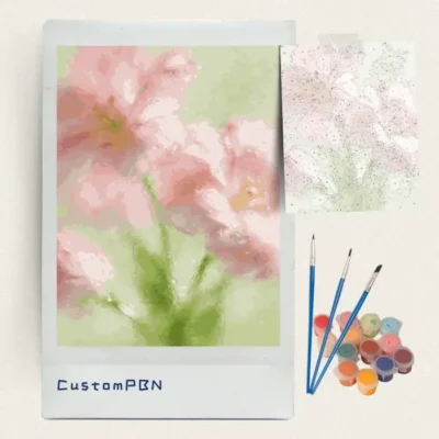 Pink flowers behind misted glass paint by numbers kit with brushes and paints
