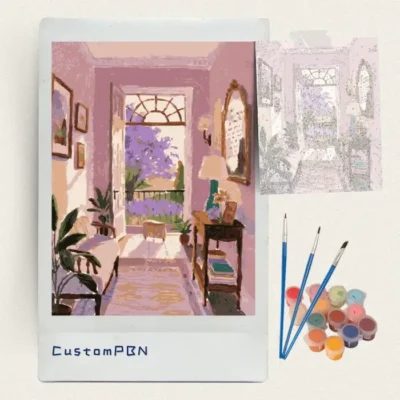 Pink hallway with a lilac garden view paint by numbers kit with brushes and paints