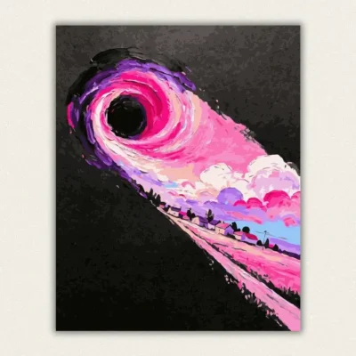 Pink magenta vortex with cotton candy clouds above a pastel village paint by numbers finished canvas