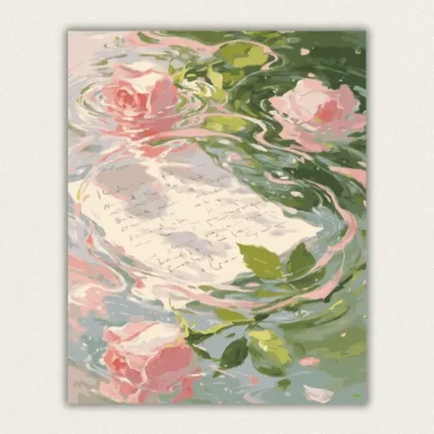 Pink roses and a handwritten letter floating on green and pink water paint by numbers finished canvas