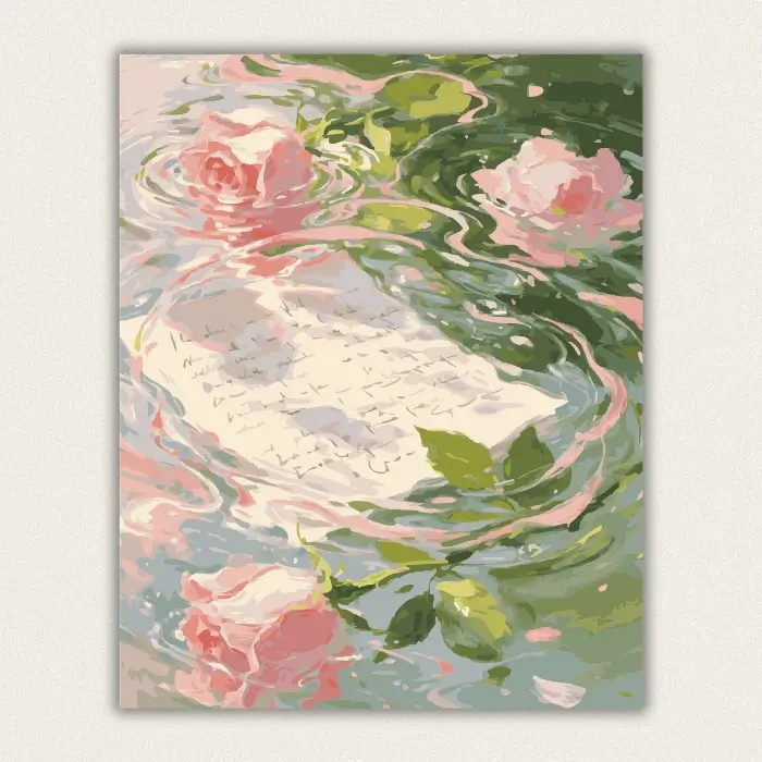Pink roses and a handwritten letter floating on green and pink water paint by numbers finished canvas
