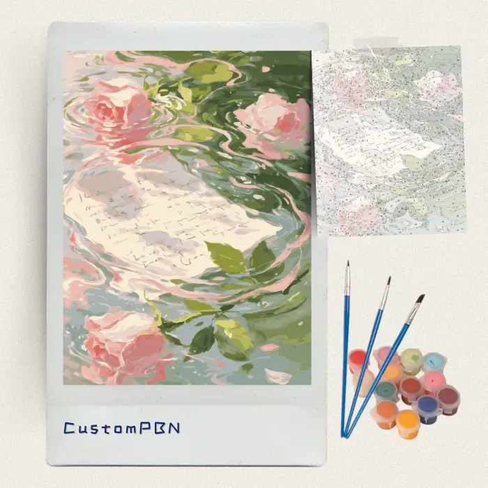 Pink roses and letter paint by numbers kit with canvas, three brushes, paints and reference sheet