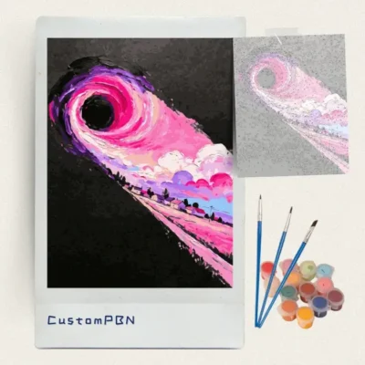 Pink vortex and candy clouds paint by numbers kit with canvas, three brushes, paints and reference sheet