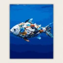 Fish made entirely of colourful plastic bags swimming in deep blue ocean pollution paint by numbers canvas