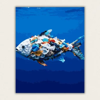 Fish made entirely of colourful plastic bags swimming in deep blue ocean pollution paint by numbers canvas