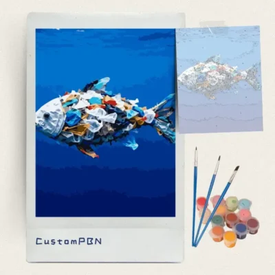 Plastic bag fish paint by numbers kit with numbered canvas, three brushes, paint pots and reference sheet