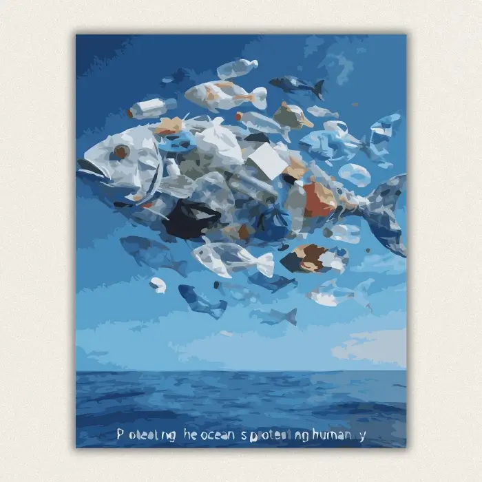School of fish made from plastic bottles and bags floating over the ocean paint by numbers canvas