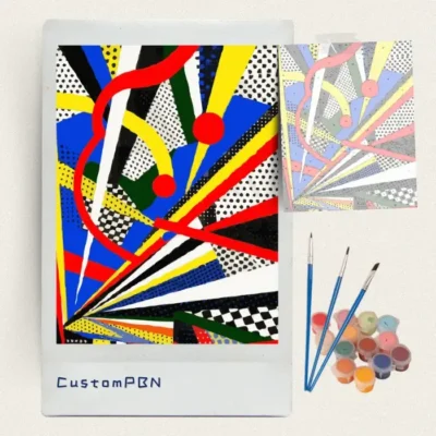 Pop art abstract paint by numbers kit with canvas, three brushes, paints and reference sheet