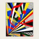 Pop art abstract in red yellow and blue with halftone dots and checkerboard paint by numbers finished canvas
