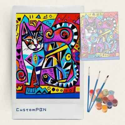 Pop art cat paint by numbers kit with canvas, three brushes, paints and reference sheet