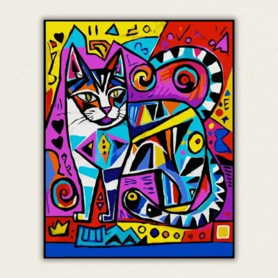 Bold pop art cat with thick black outlines and vivid colour blocks paint by numbers finished canvas