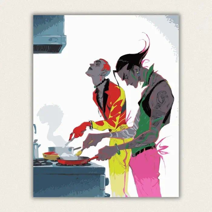 Pop art comic scene of two tall figures cooking at a stove in bright neon colours paint by numbers finished canvas