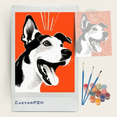 Pop art dog paint by numbers kit with canvas, three brushes, paints and reference sheet