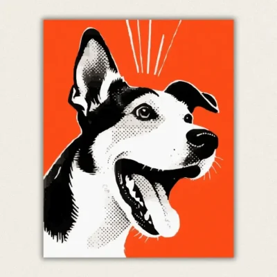 Pop art dog portrait in black and white halftone on a bright orange background paint by numbers finished canvas