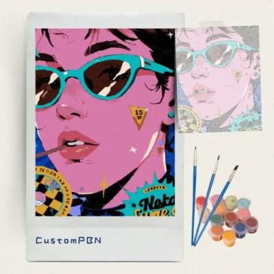 Pop art woman with sunglasses paint by numbers kit with canvas, three brushes, paints and reference sheet