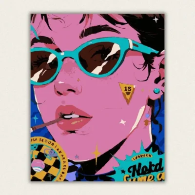 Pop art close up of a woman in teal sunglasses with stickers and comic elements paint by numbers finished canvas