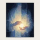 Two hands cradling a glowing magic light orb paint by numbers canvas in soft blue