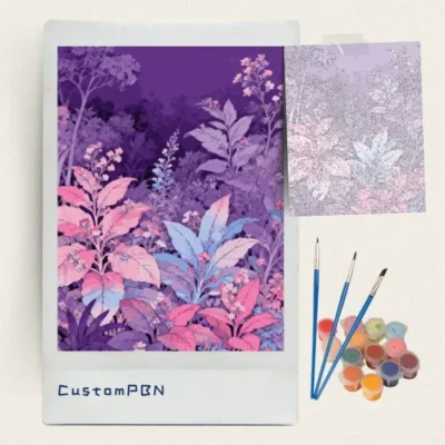 Purple fantasy foliage garden paint by numbers kit with brushes, paints and canvas