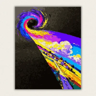Purple rainbow vortex swirling above golden fields and a village paint by numbers finished canvas