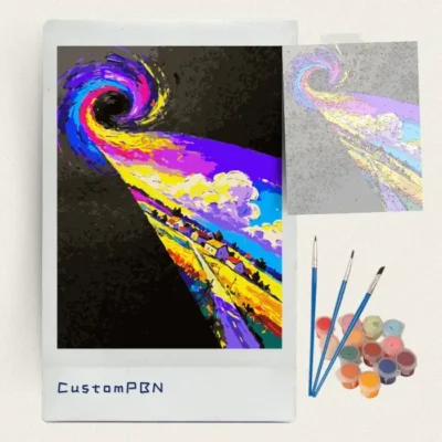 Purple rainbow vortex paint by numbers kit with canvas, three brushes, paints and reference sheet