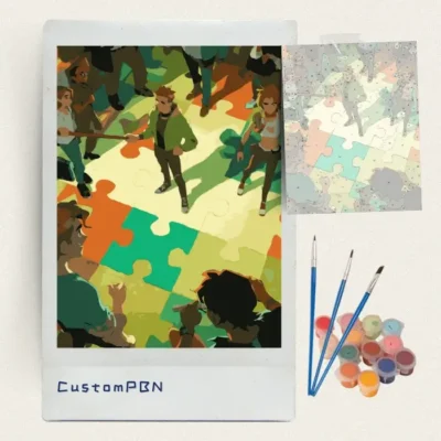 Puzzle floor group scene paint by numbers kit with canvas, three brushes, paints and reference sheet
