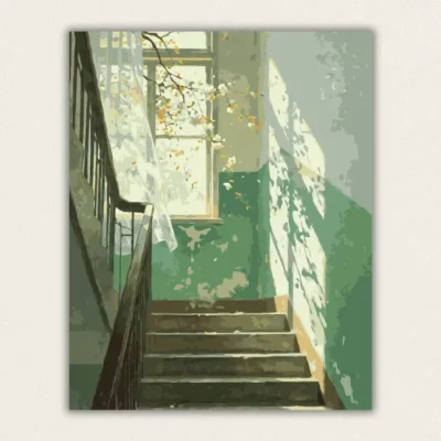 Quiet old staircase with leaf shadows on a green wall and blossoms at the window paint by numbers finished canvas