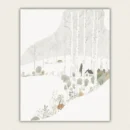Minimalist winter birch forest with snowy hills and a small cabin paint by numbers canvas
