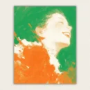 Joyful woman smiling abstract fluid art paint by numbers canvas in orange and green