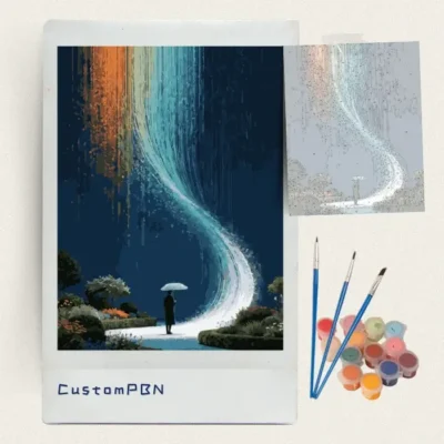 Rainbow light stream paint by numbers kit with canvas, three brushes, paints and reference sheet