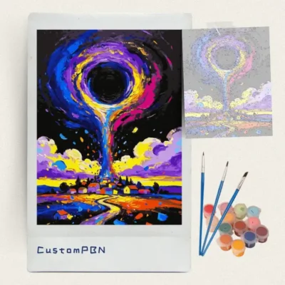 Rainbow funnel cloud paint by numbers kit with canvas, three brushes, paints and reference sheet