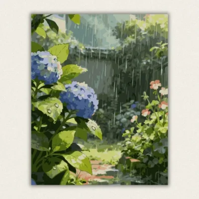 Rainy hydrangea garden paint by numbers kit for adults, made in USA with fast domestic shipping.