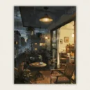 Rainy night balcony with a warm hanging lamp, coffee and biscuits beside a glowing room paint by numbers finished canvas
