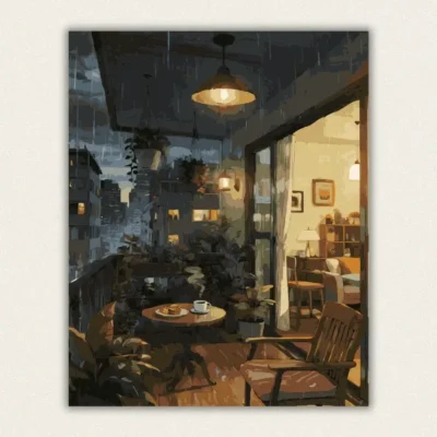Rainy night balcony with a warm hanging lamp, coffee and biscuits beside a glowing room paint by numbers finished canvas