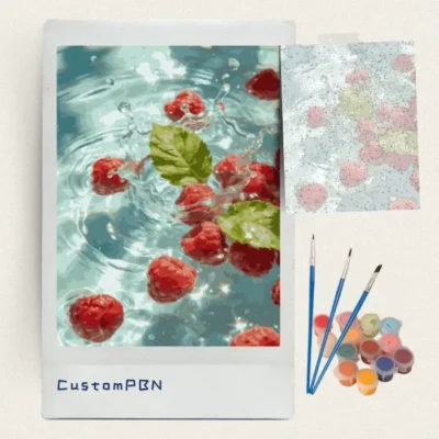 Raspberries splashing into water paint by numbers kit with brushes, paints and canvas