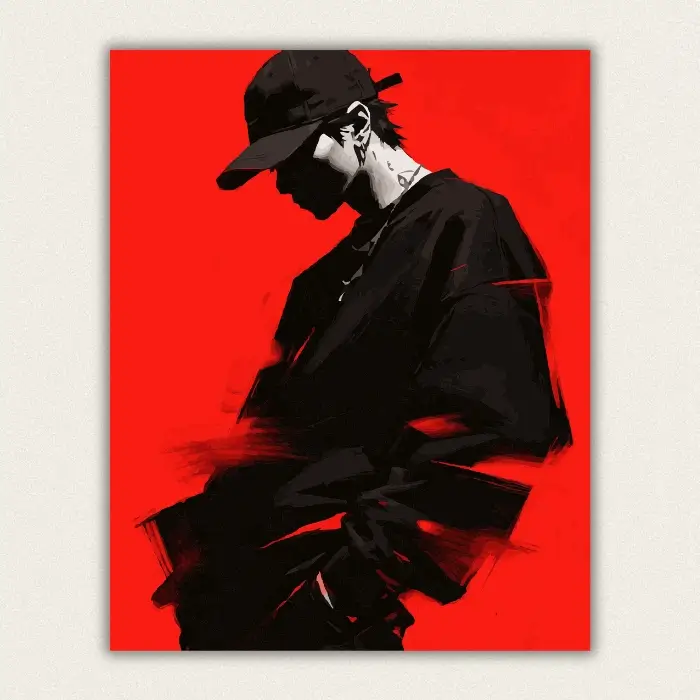 Young figure in a black cap and loose black clothing against a flat red background paint by numbers finished canvas