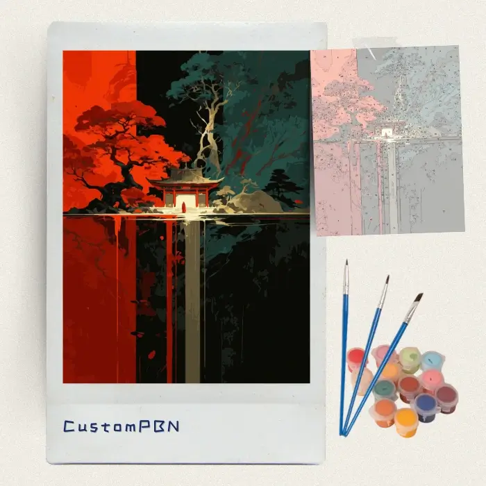 Red gate on the water paint by numbers kit with brushes, paints and canvas
