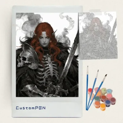 Red haired elf warrior paint by numbers kit with canvas, three brushes, paints and reference sheet