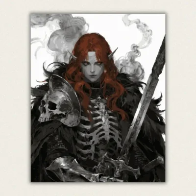 Red haired elf warrior in skeletal bone armour holding a greatsword paint by numbers finished canvas