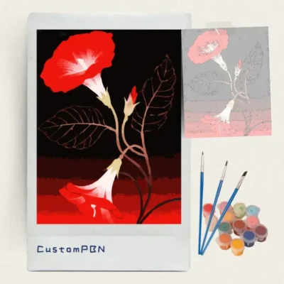 Red morning glory paint by numbers kit with canvas, three brushes, paints and reference sheet
