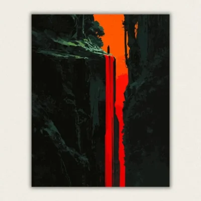 Bright red waterfall falling through a dark canyon beneath an orange sky paint by numbers finished canvas