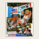 Retro summer scene with a blonde girl lounging in a deck chair beside a boombox paint by numbers finished canvas