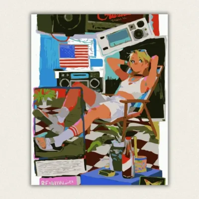 Retro summer scene with a blonde girl lounging in a deck chair beside a boombox paint by numbers finished canvas