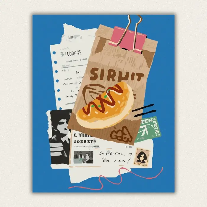 Retro paper collage of a kraft bag, notes, photograph and stamps on a blue background paint by numbers finished canvas