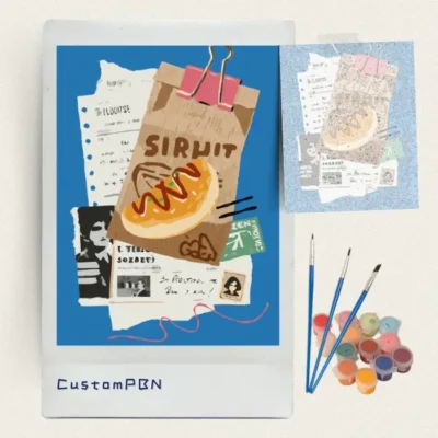 Retro paper collage paint by numbers kit with canvas, three brushes, paints and reference sheet
