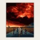 Four kids on bicycles facing a giant red storm cloud over a country road paint by numbers finished canvas