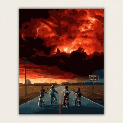 Four kids on bicycles facing a giant red storm cloud over a country road paint by numbers finished canvas