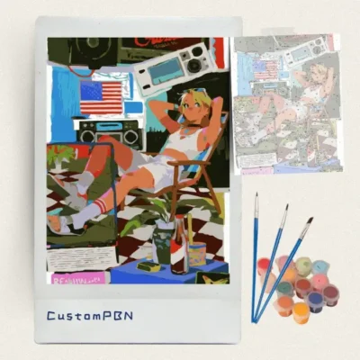 Retro summer deck chair paint by numbers kit with canvas, three brushes, paints and reference sheet